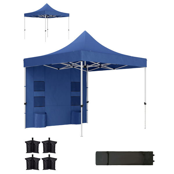 Outsunny 10' x 10' Heavy Duty Pop Up Canopy Tent with Sidewall, UPF50+ Instant Sun Shelter with Storage Pockets, Height Adjustable, with Wheeled Bag, Sand Bags for Outdoor, Patio, Dark Blue