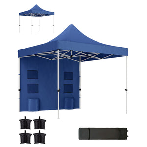 Outsunny 10' x 10' Heavy Duty Pop Up Canopy Tent with Sidewall, UPF50+ Instant Sun Shelter with Storage Pockets, Height Adjustable, with Wheeled Bag, Sand Bags for Outdoor, Patio, Dark Blue