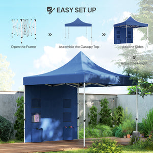 Outsunny 10' x 10' Heavy Duty Pop Up Canopy Tent with Sidewall, UPF50+ Instant Sun Shelter with Storage Pockets, Height Adjustable, with Wheeled Bag, Sand Bags for Outdoor, Patio, Dark Blue