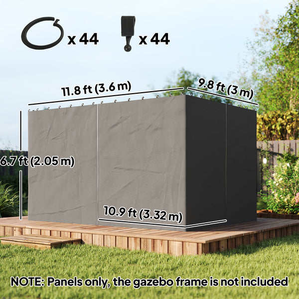 10' x 12' Universal Gazebo Sidewall Set with 4 Panels, Hooks/C-Rings Included for Pergolas & Cabanas, Grey