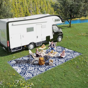 Outdoor Rug for Patio, 9' x 18' Waterproof Large Mat, Reversible Plastic Straw Rug for Decor, Portable Outside RV Camping Area Carpet Mat for Backyard Porch Deck Picnic, Blue & White Floral