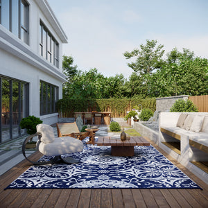 Outdoor Rug for Patio, 9' x 18' Waterproof Large Mat, Reversible Plastic Straw Rug for Decor, Portable Outside RV Camping Area Carpet Mat for Backyard Porch Deck Picnic, Blue & White Floral