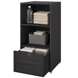 Valet Pool Towel Rack, Water-Resistant PE Plastic Rattan Wicker Storage Organizer, Indoor Outdoor Spa, and Hot Tub Accessory Storage, 2 Shelves, 1 Basket Drawer, Dark Brown