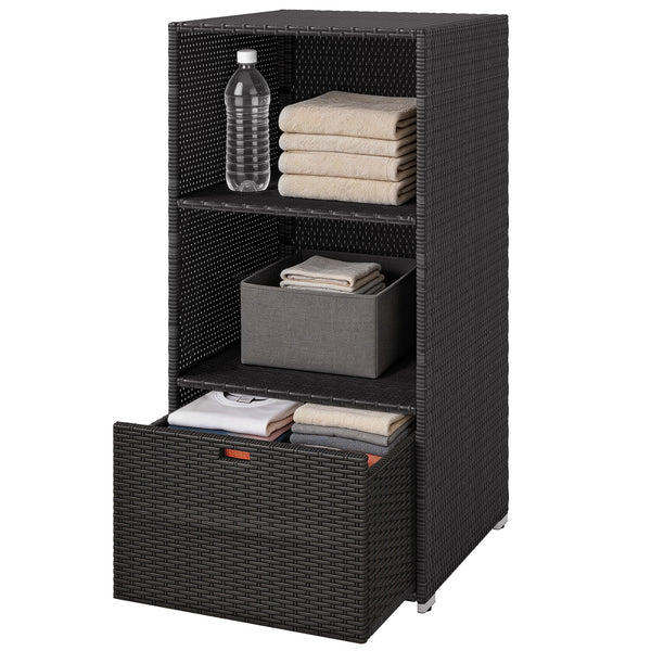 Valet Pool Towel Rack, Water-Resistant PE Plastic Rattan Wicker Storage Organizer, Indoor Outdoor Spa, and Hot Tub Accessory Storage, 2 Shelves, 1 Basket Drawer, Dark Brown