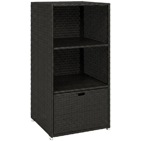 Valet Pool Towel Rack, Water-Resistant PE Plastic Rattan Wicker Storage Organizer, Indoor Outdoor Spa, and Hot Tub Accessory Storage, 2 Shelves, 1 Basket Drawer, Dark Brown