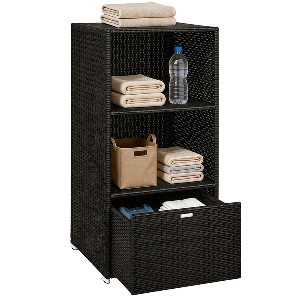 Valet Pool Towel Rack, Water-Resistant PE Plastic Rattan Wicker Storage Organizer, Indoor Outdoor Spa, and Hot Tub Accessory Storage, 2 Shelves, 1 Basket Drawer, Dark Brown
