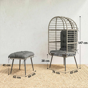 Standing Garden Egg Chair with Footstool, PE Rattan Outdoor Lounge Chair and Ottoman Set with Thick Cushions, Indoor Outdoor Egg Basket Seating for Patio Balcony Porch, Light Grey