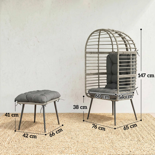 Standing Garden Egg Chair with Footstool, PE Rattan Outdoor Lounge Chair and Ottoman Set with Thick Cushions, Indoor Outdoor Egg Basket Seating for Patio Balcony Porch, Light Grey