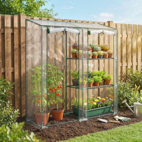 Mini Greenhouse, Portable Greenhouse with 3 Shelves, 2 Roll-up Doors, Garden Hot House for Patio Garden Backyard, 56.3" x 17.7" x 59.4", Clear