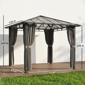 3 x 3 m Outdoor Hardtop Gazebo Canopy with Polycarbonate Roof, Waterproof Aluminium Permanent Pavilion Garden Gazebo Patio Shelter with Curtains, Tan