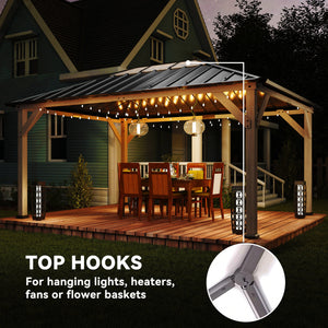 12' x 16' Hardtop Gazebo with Galvanized Steel Roof, Wood Permanent Pavilion Canopy Shelter with Clear Roof Top, UPF50+ Protection, Ceiling Hooks for Lawn, Backyard, Deck, Light Walnut