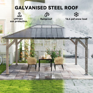 12' x 16' Hardtop Gazebo with Galvanized Steel Roof, Wood Permanent Pavilion Canopy Shelter with Clear Roof Top, UPF50+ Protection, Ceiling Hooks for Lawn, Backyard, Deck, Light Walnut