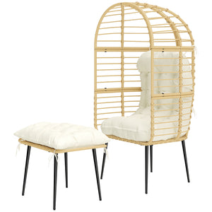 Standing Garden Egg Chair with Footstool, PE Rattan Outdoor Lounge Chair and Ottoman Set with Thick Cushions, Indoor Outdoor Egg Basket Seating for Patio Balcony Porch, Beige