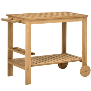 Outdoor Bar Cart, Wood Rolling Home Bar & Serving Cart with 2 Shelves, Wine Bottle Holders for Garden, Dining Room, Natural
