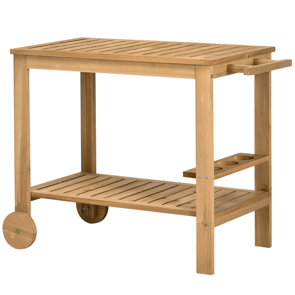 Outdoor Bar Cart, Wood Rolling Home Bar & Serving Cart with 2 Shelves, Wine Bottle Holders for Garden, Dining Room, Natural