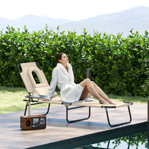 Adjustable Outdoor Lounge Chair, Garden Folding Chaise Lounge with Face Hole Reclining Tanning Chair Seat, Folding Camping Beach Lounging Bed w/ Support Pillow, Beige