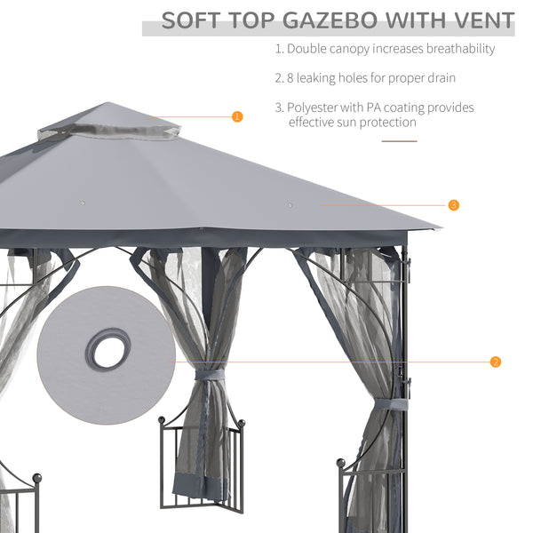 3 x 3m Garden Gazebo Patio Party Tent Shelter Outdoor Canopy Double Tier Sun Shade with Metal Frame and Netting, Light Grey