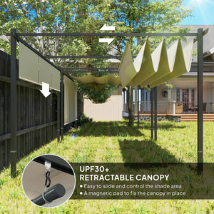 3 x 4m Metal Pergola with Retractable Roof and Roller Shade, Free Standing Gazebo Canopy Pergola Kit, UPF30+ Outdoor Sun Shelter, Beige