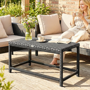 Outdoor Coffee Table, Garden PE Rattan Side Table with Plastic Board Under the Full Woven Table Top and Rectangular Frame for Patio, Balcony, Black