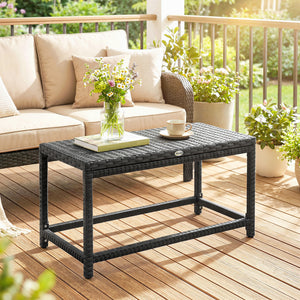 Outdoor Coffee Table, Garden PE Rattan Side Table with Plastic Board Under the Full Woven Table Top and Rectangular Frame for Patio, Balcony, Black