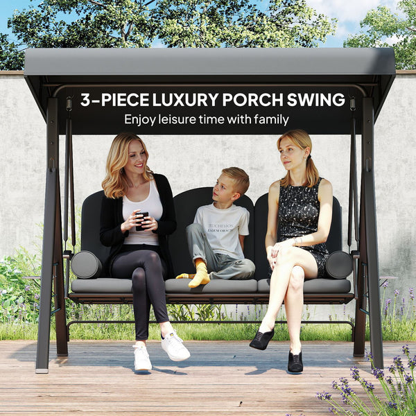 3 Seater Canopy Swing Chair, Outdoor Garden Swing Seat with Adjustable Canopy, Cushions and Cup Trays, Steel Frame, Dark Grey