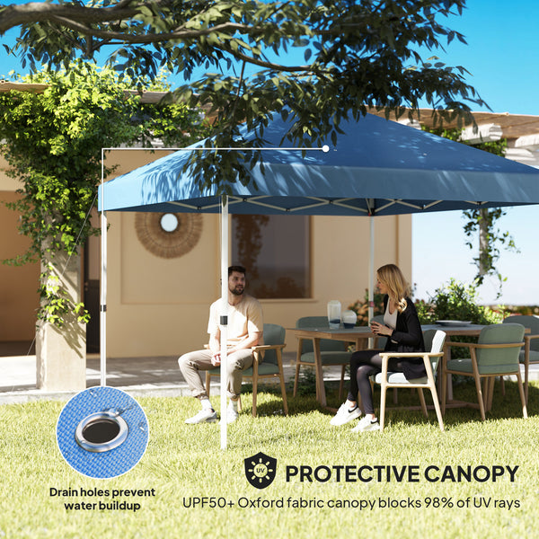 Outsunny 10' x 10' Pop Up Canopy Tent with 2 Half Sidewalls, UV50+ Instant Sun Shelter, Tents for Parties, Height Adjustable, with Wheeled Carry Bag and 4 Sand Bags for Outdoor, Garden, Sea Blue