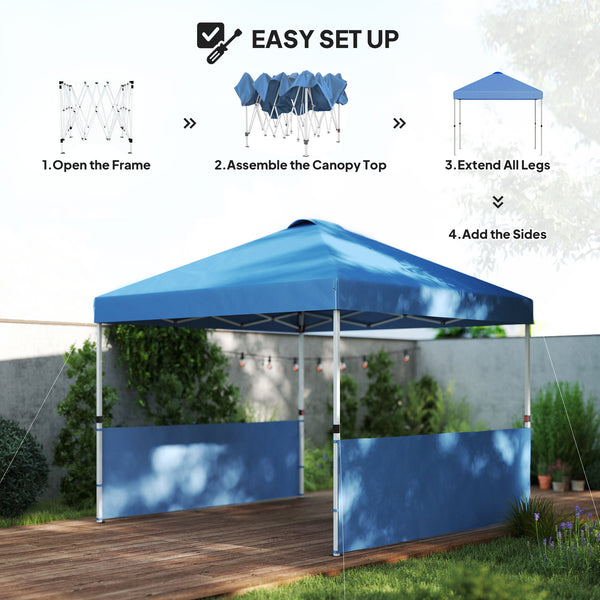 Outsunny 10' x 10' Pop Up Canopy Tent with 2 Half Sidewalls, UV50+ Instant Sun Shelter, Tents for Parties, Height Adjustable, with Wheeled Carry Bag and 4 Sand Bags for Outdoor, Garden, Sea Blue