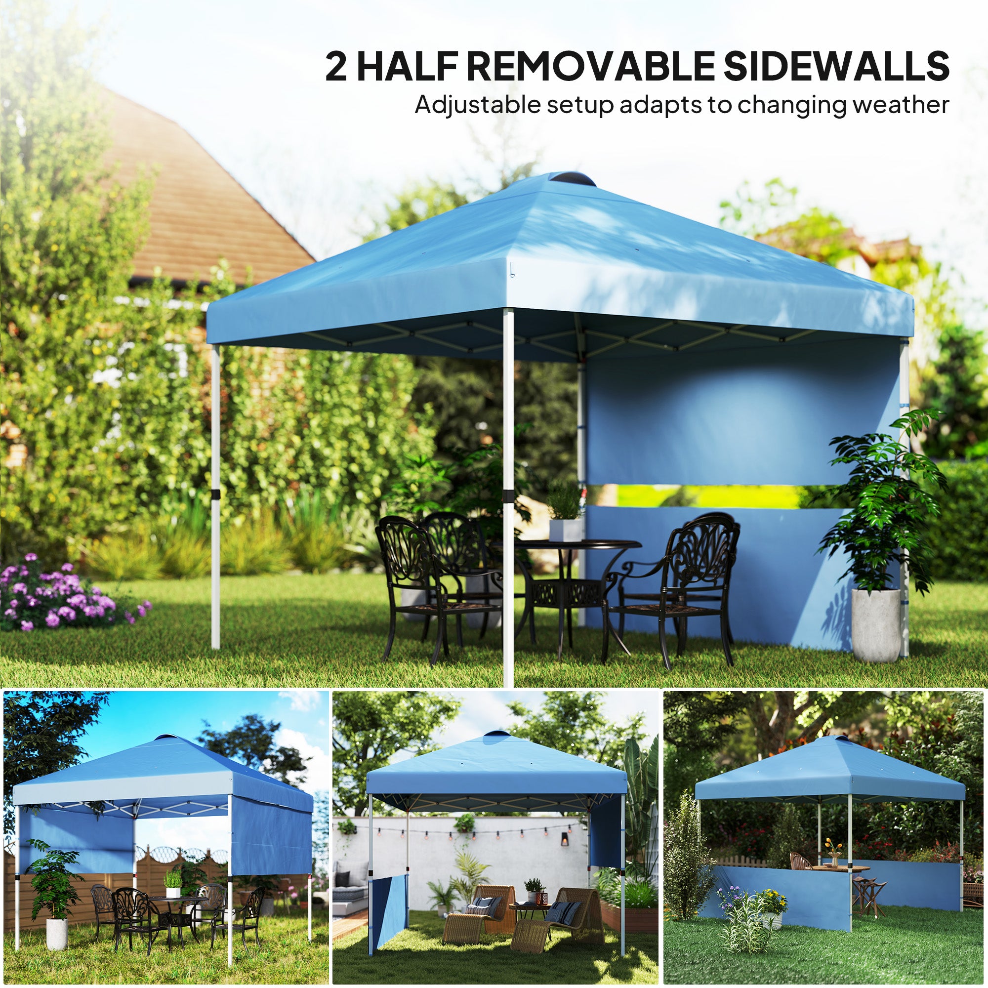 half tent canopy Outsunny 10' x 10' Pop Up Canopy Tent with 2 Half Sidewalls, UV50+ Instant Sun Shelter with Wheeled Carry Bag, Dark Blue
