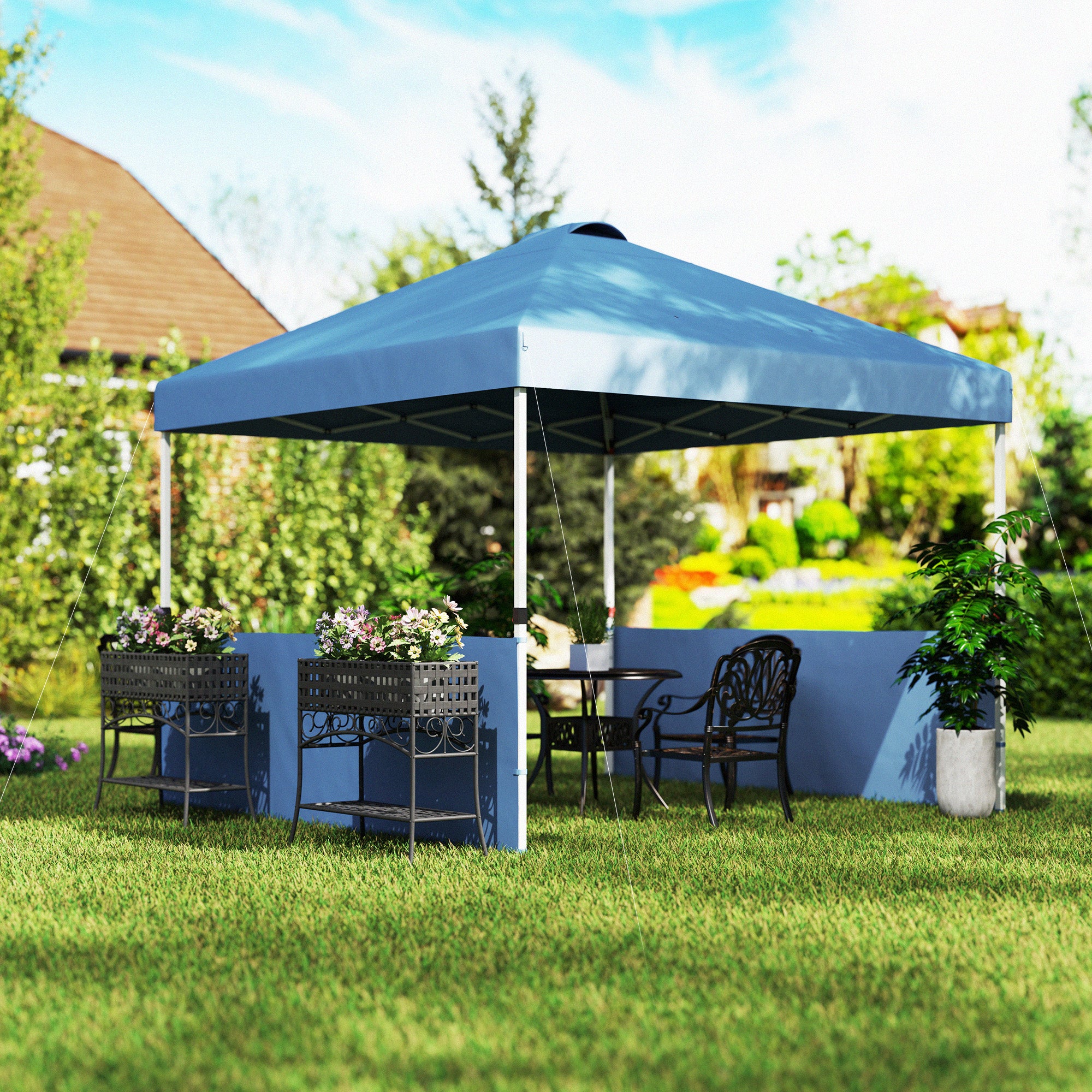 outdoor garden tents Outsunny 10' x 10' Pop Up Canopy Tent with 2 Half Sidewalls, UV50+ Instant Sun Shelter with Wheeled Carry Bag, Dark Blue