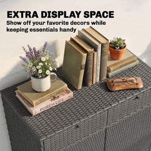 Wicker Outdoor Storage Cabinet, Double Door Patio Storage Cabinet with 2 Drawers and 2-Tier Shelves, PE Rattan Towel Rack Outdoor for Pool Garden Yard, Dark Grey