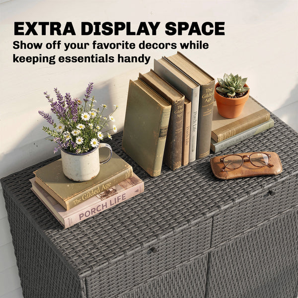 Wicker Outdoor Storage Cabinet, Double Door Patio Storage Cabinet with 2 Drawers and 2-Tier Shelves, PE Rattan Towel Rack Outdoor for Pool Garden Yard, Dark Grey