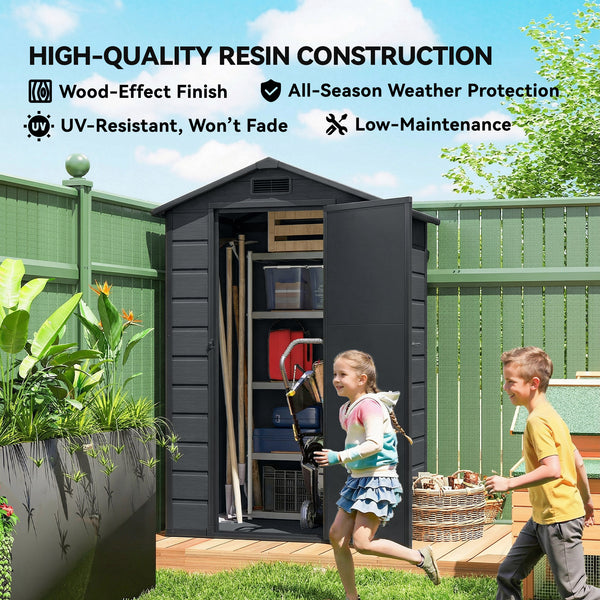 4' x 3' Plastic Garden Shed with Floor, Outdoor Storage Shed with Lockable Door, Window and Vent for Backyard, Patio, Garage, Lawn, Dark Grey