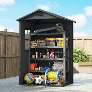 4' x 3' Plastic Garden Shed with Floor, Outdoor Storage Shed with Lockable Door, Window and Vent for Backyard, Patio, Garage, Lawn, Dark Grey