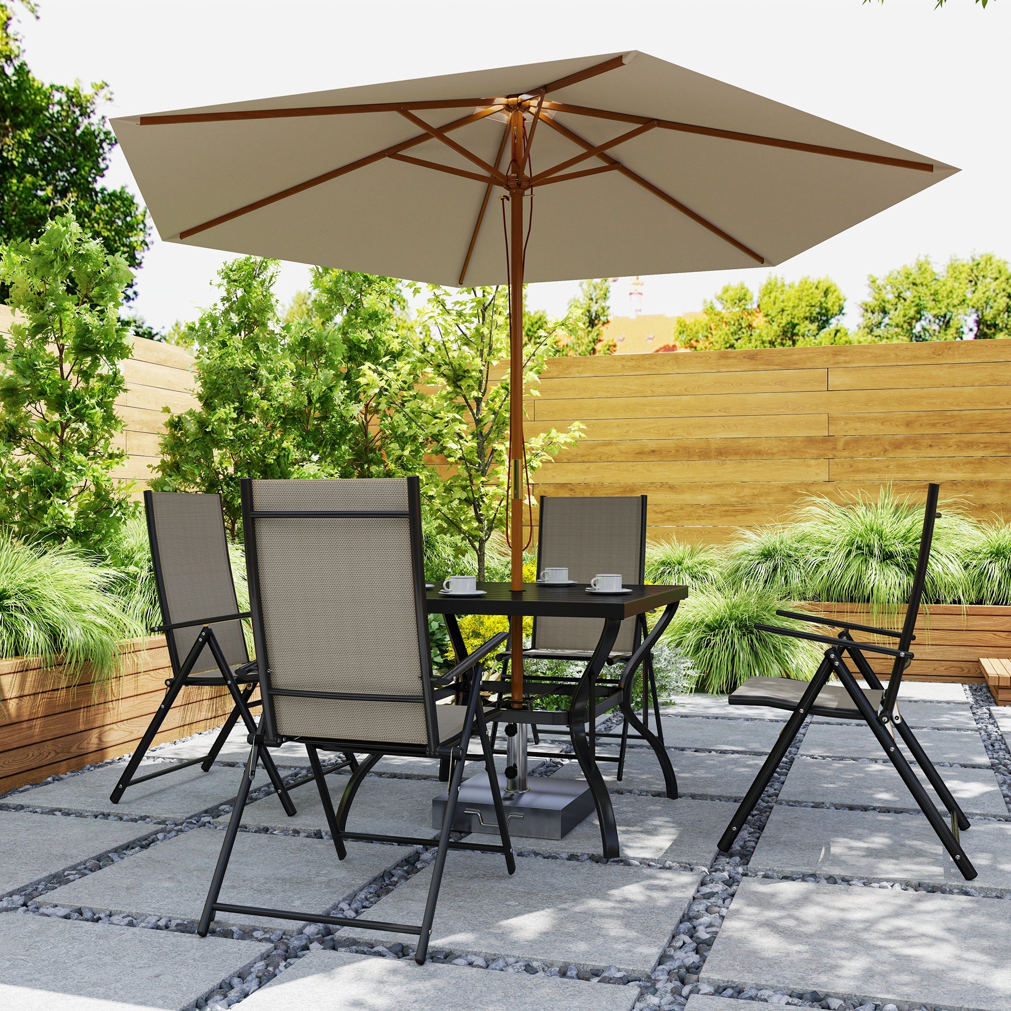 4 seater patio set with umbrella PHI VILLA Outdoor Dining for w/Beige & Folding Chairs shady spot for dining or relaxing at your home or business is in this 7 piece patio set 5-piece Outdoor Patio Dining Set