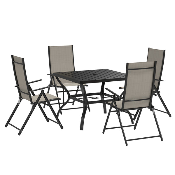 5 Pieces Garden Dining Set, 4 Seater Garden Furniture Set with Parasol Hole, Outdoor Dining Set with High Back Folding Chairs and Square Metal Top Table for Outdoor Patio, Khaki