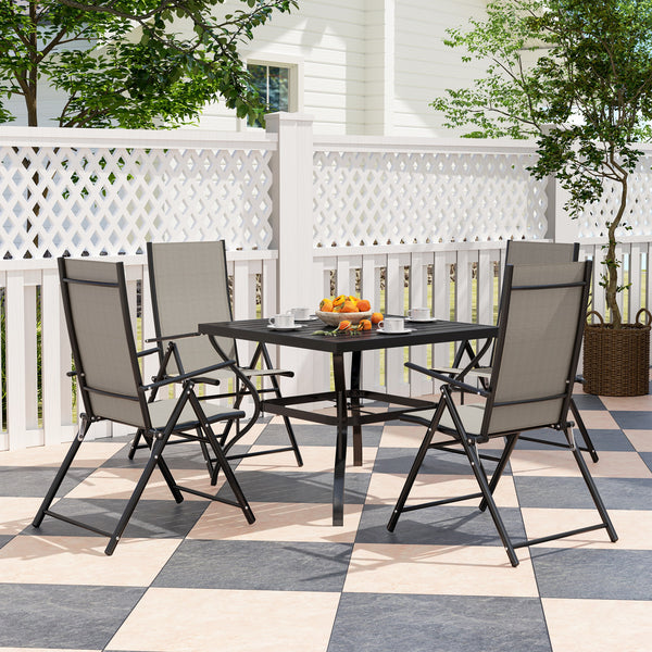 5 Pieces Garden Dining Set, 4 Seater Garden Furniture Set with Parasol Hole, Outdoor Dining Set with High Back Folding Chairs and Square Metal Top Table for Outdoor Patio, Khaki