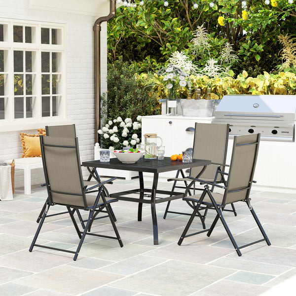5 Pieces Garden Dining Set, 4 Seater Garden Furniture Set with Parasol Hole, Outdoor Dining Set with High Back Folding Chairs and Square Metal Top Table for Outdoor Patio, Khaki