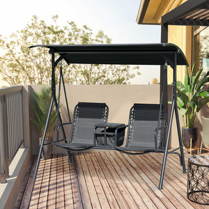2 Person Covered Porch Swing Patio Swing with Pivot Storage Table, Cup Holder, & Adjustable Overhead Canopy, Black