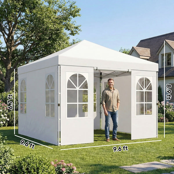 9.6 x 9.6 ft Pop Up Canopy Tent with Sidewalls, One Button Push Setup, UPF50+ Outdoor Portable Instant Canopy Shelter with Carry Bag, Sandbags, Adjustable Height for Parties Events, White