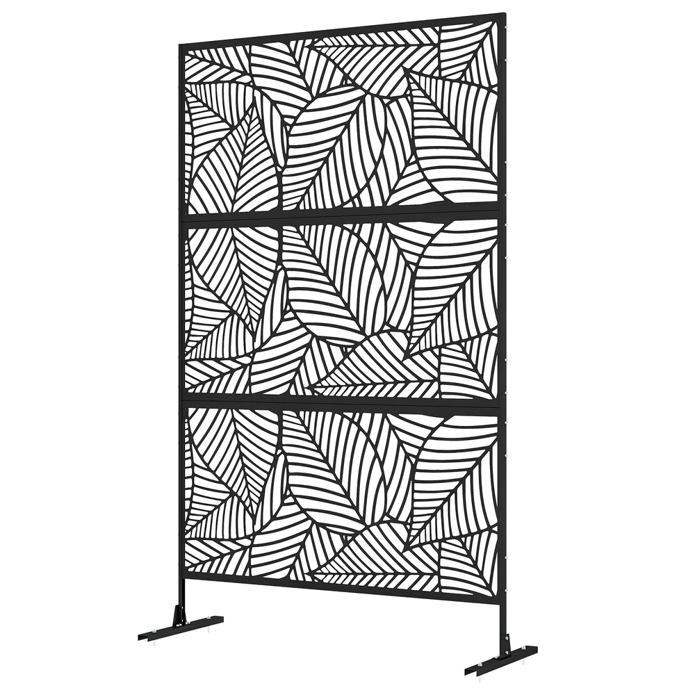 Metal Outdoor Privacy Screen, Decorative Outdoor Divider with Stand and Expansion Screws, Freestanding Privacy Panel for Garden, Backyard, Deck, Large Leaf Style, Black