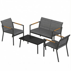 4 Seater Garden Furniture Set with Loveseat, 2 Armchairs, Metal-Top Table, Metal Garden Sofa Set with Breathable Mesh Seats, Outdoor Furniture Conversation Sets, Grey