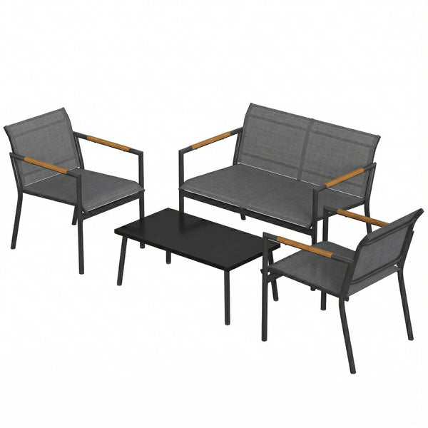4 Seater Garden Furniture Set with Loveseat, 2 Armchairs, Metal-Top Table, Metal Garden Sofa Set with Breathable Mesh Seats, Outdoor Furniture Conversation Sets, Grey