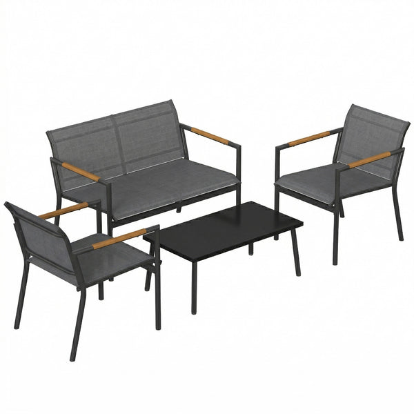 4 Seater Garden Furniture Set with Loveseat, 2 Armchairs, Metal-Top Table, Metal Garden Sofa Set with Breathable Mesh Seats, Outdoor Furniture Conversation Sets, Grey