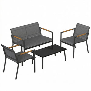 4 Seater Garden Furniture Set with Loveseat, 2 Armchairs, Metal-Top Table, Metal Garden Sofa Set with Breathable Mesh Seats, Outdoor Furniture Conversation Sets, Grey