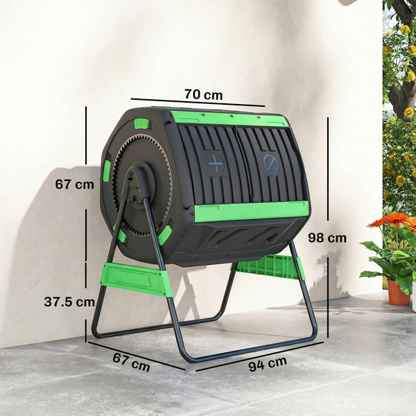 200L Garden Compost Bin, Dual Chamber Rotating Tumbling Composter with 8 Adjustable Vents, BPA Free Outdoor Compost Tumbler with 2 Sliding Doors, Gloves, Screwdriver, Wrench and Metal Frame