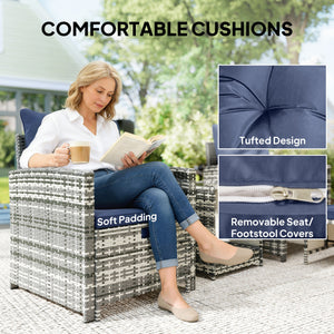 5 Piece Patio Furniture Set, Wicker Patio Chairs with Ottomans, 2-Tier Glass Coffee Table, Cushions, Outdoor Patio Furniture Conversation Set for Balcony, Grey/Dark Blue