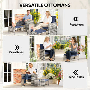 5 Piece Patio Furniture Set, Wicker Patio Chairs with Ottomans, 2-Tier Glass Coffee Table, Cushions, Outdoor Patio Furniture Conversation Set for Balcony, Grey/Dark Blue
