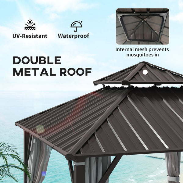 3 x 3(m) Hardtop Gazebo Canopy with Double Metal Roof, Waterproof Permanent Pavilion Garden Gazebo with Netting and Curtains, Easy to Assemble, Grey
