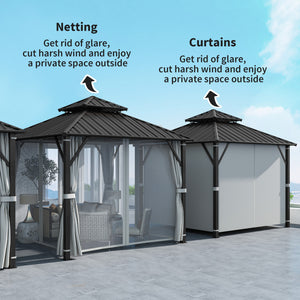 3 x 3(m) Hardtop Gazebo Canopy with Double Metal Roof, Waterproof Permanent Pavilion Garden Gazebo with Netting and Curtains, Easy to Assemble, Grey