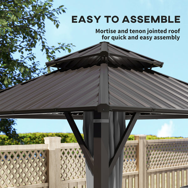 3 x 3(m) Hardtop Gazebo Canopy with Double Metal Roof, Waterproof Permanent Pavilion Garden Gazebo with Netting and Curtains, Easy to Assemble, Grey